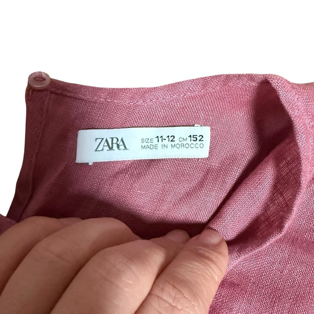 Zara Kids Girls Cut Out Belted Long Sleeve Linen Dress in Dark Pink- Size 11-12Y